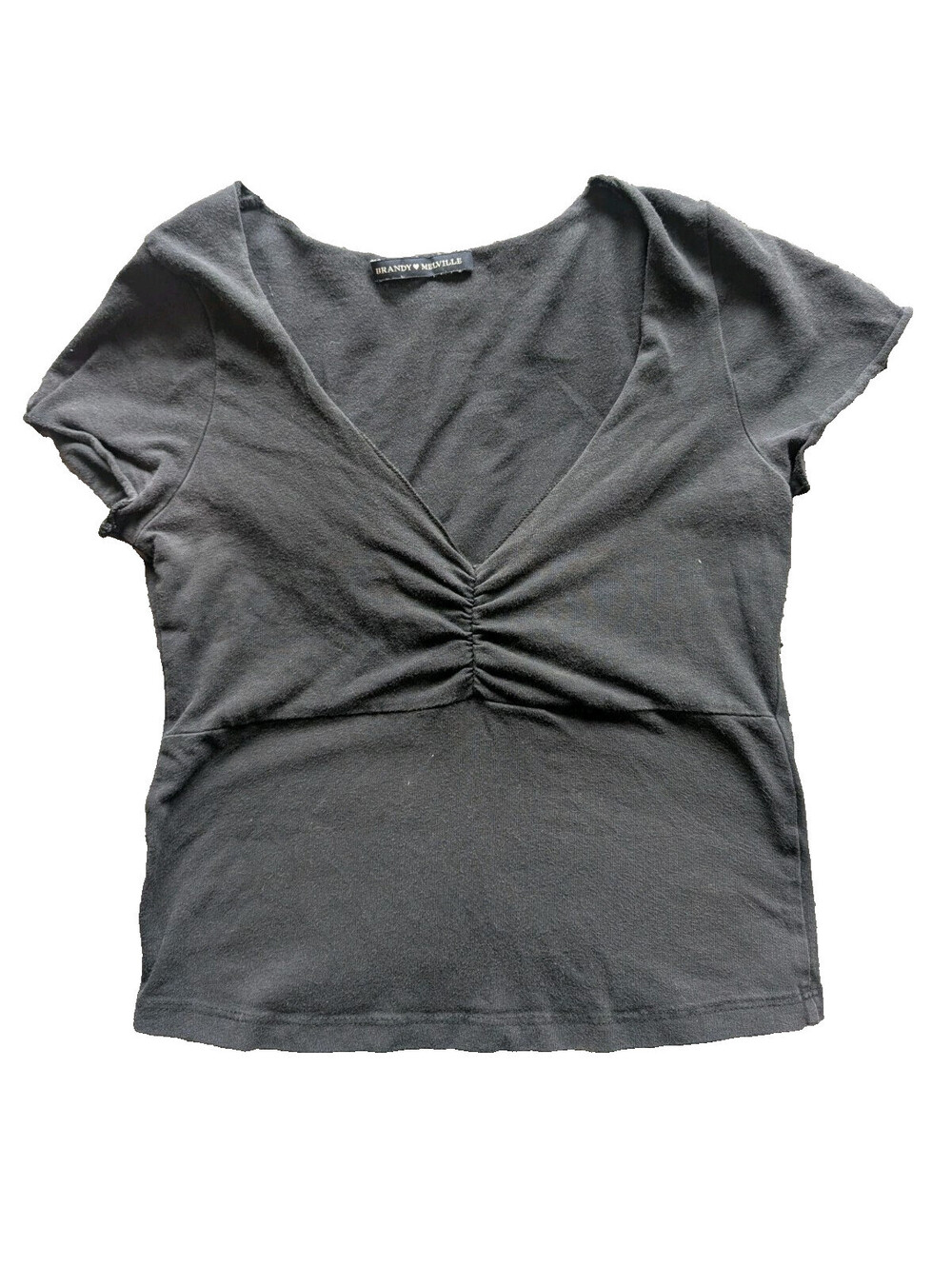 Brandy Melville Women's Ruched V-Neck Cotton Crop Top Gray One Size Italy